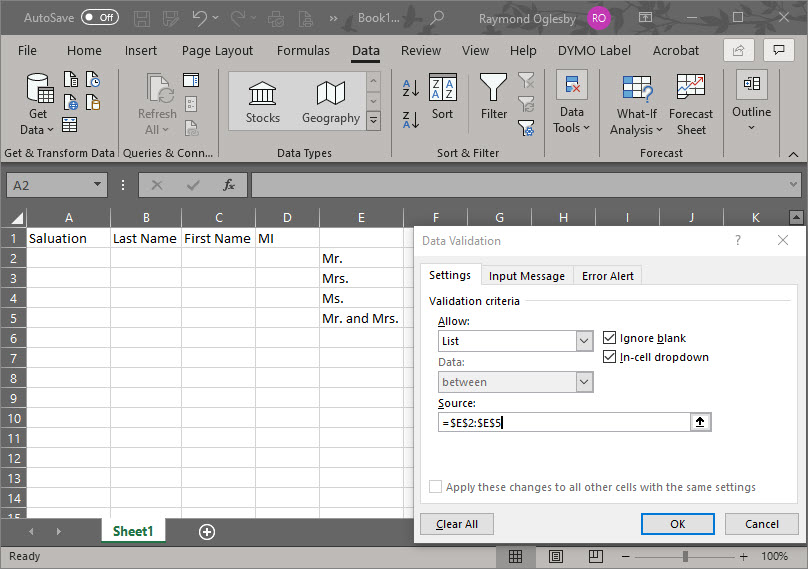 Excel Drop Down List Source