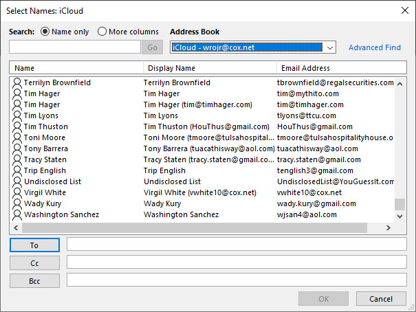 Win 10 Outlook iCloud Names