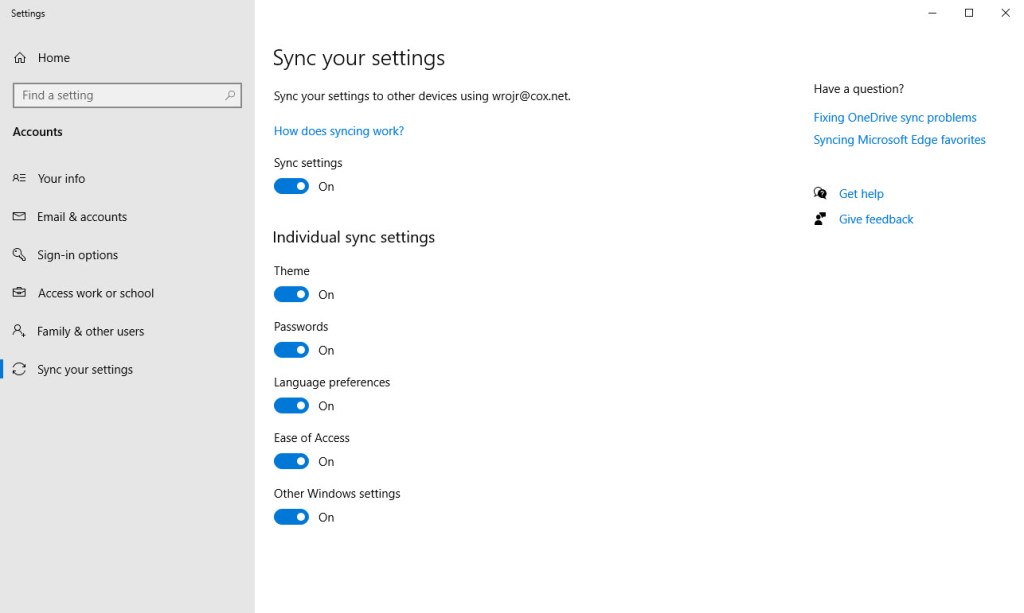 Win 10 Sync Settings