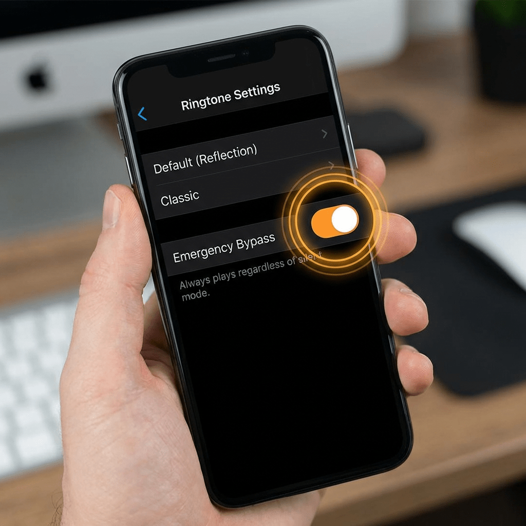 Hand holding a smartphone displaying Ringtone Settings with Emergency Bypass toggled on.