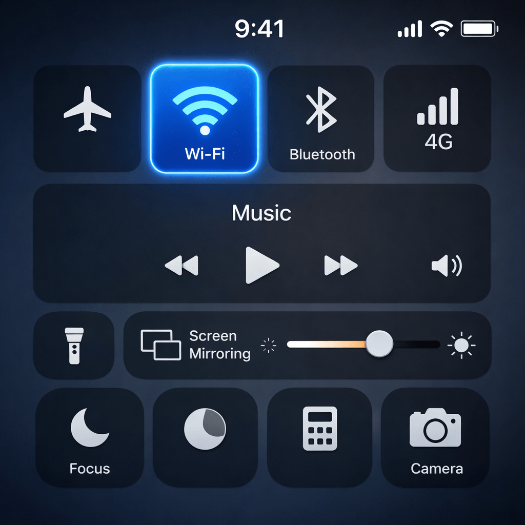 Control center interface displaying airplane mode, Wi-Fi, Bluetooth, 4G, music controls, flashlight, screen mirroring, brightness slider, focus mode, calculator, and camera icons