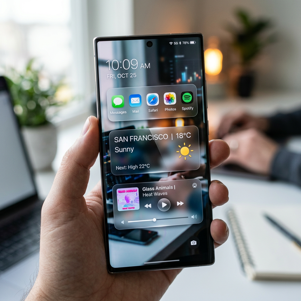 Smartphone screen showing time 10:09 AM, date Friday October 25, San Francisco weather sunny 18 degrees Celsius, and music player playing Glass Animals Heat Waves