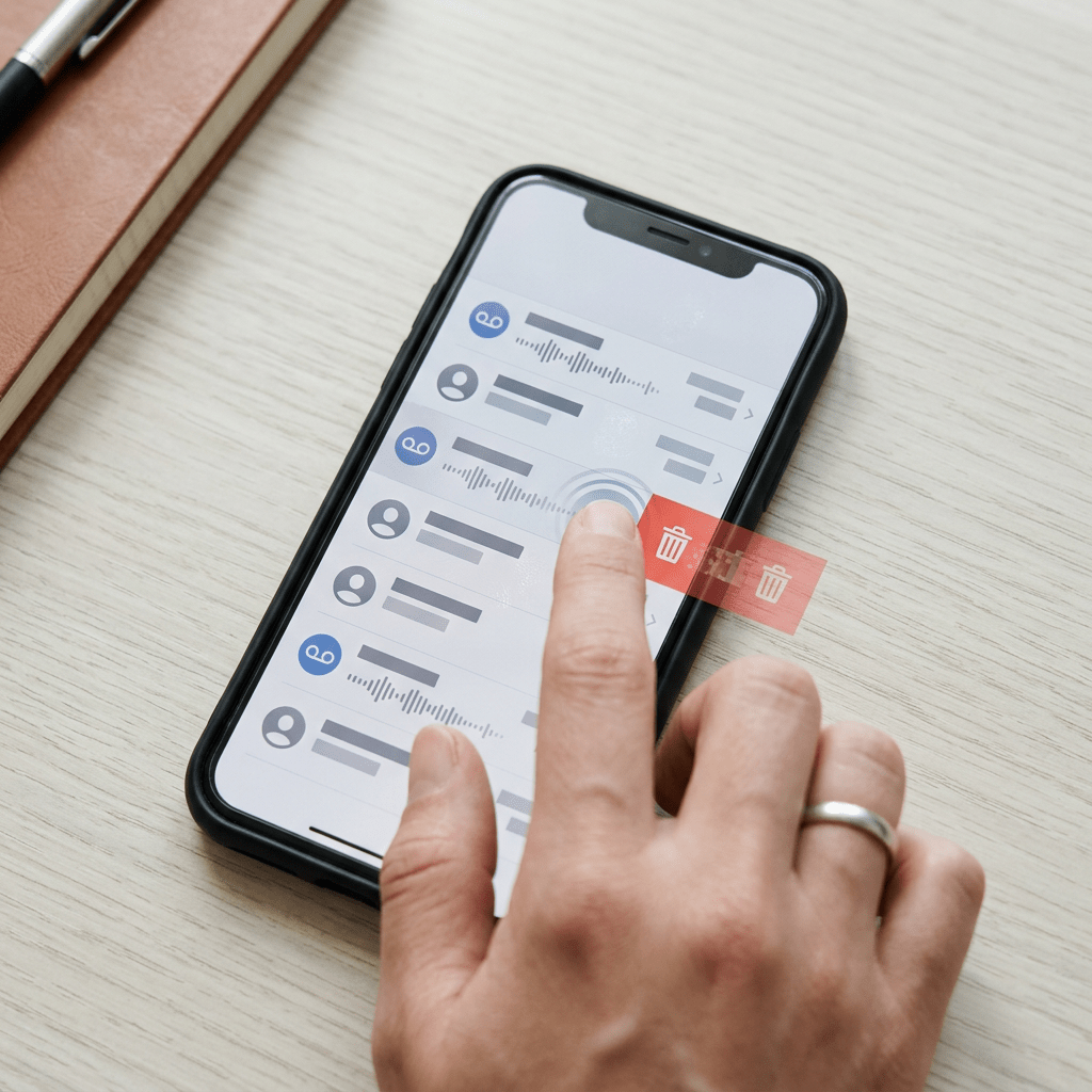 Hand deleting a voicemail message on a smartphone screen