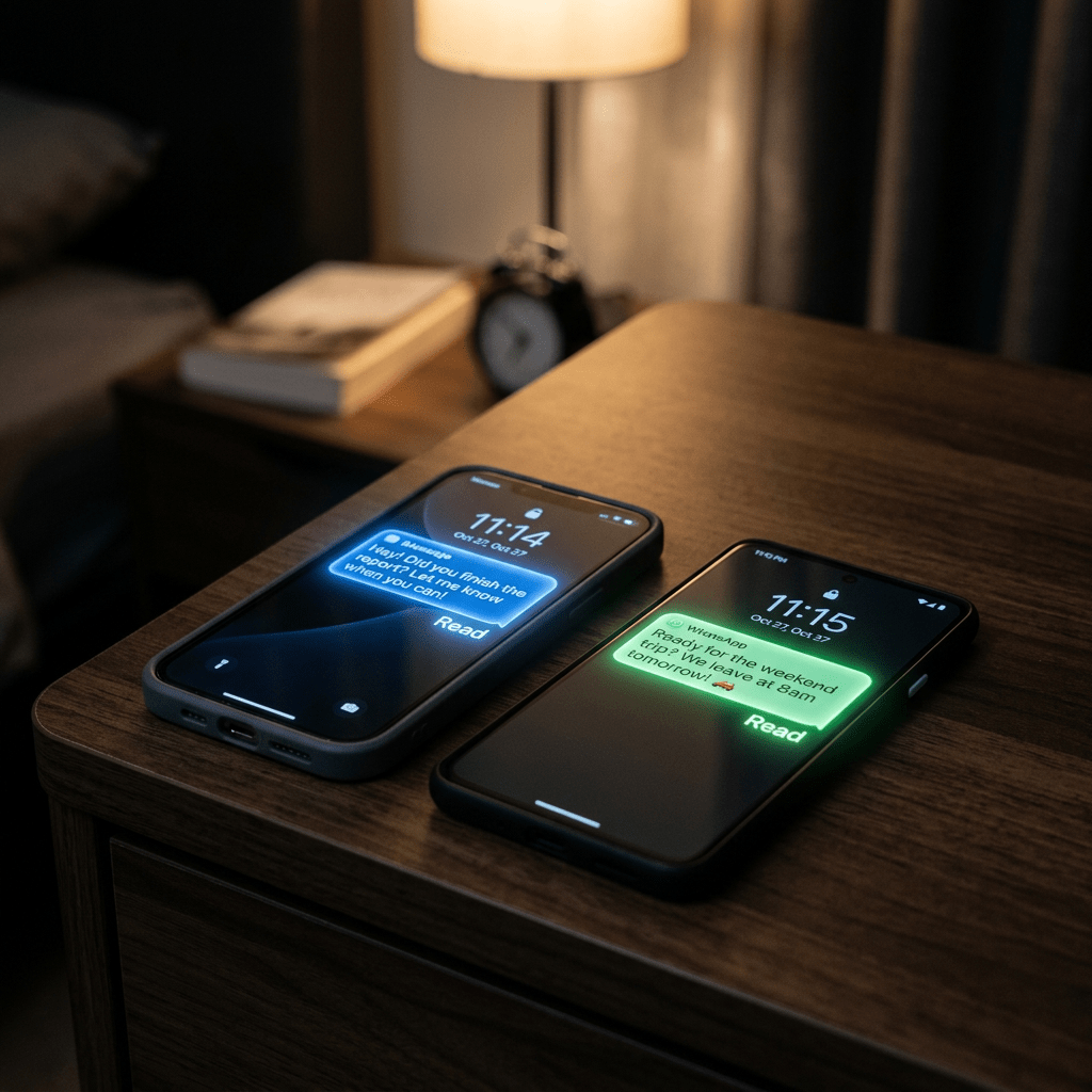 Two smartphones on a wooden bedside table showing unread message notifications with time and date