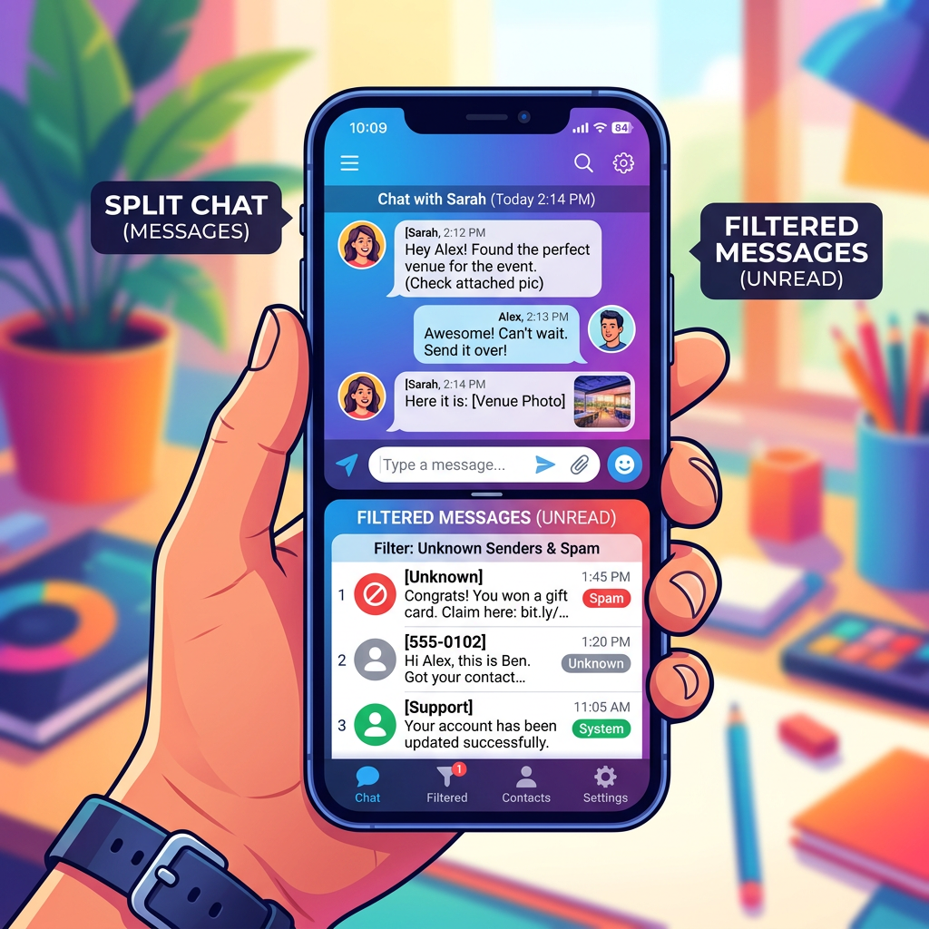 Smartphone screen with split chat messages above and filtered unread spam and unknown messages below.