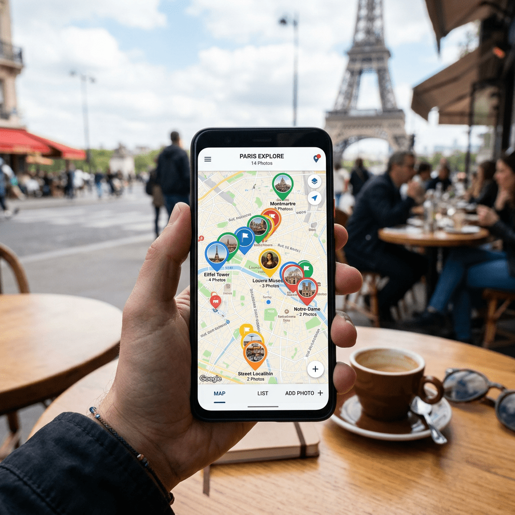 Smartphone displaying a map with pins highlighting Paris landmarks like Eiffel Tower, Montmartre, and Notre-Dame.