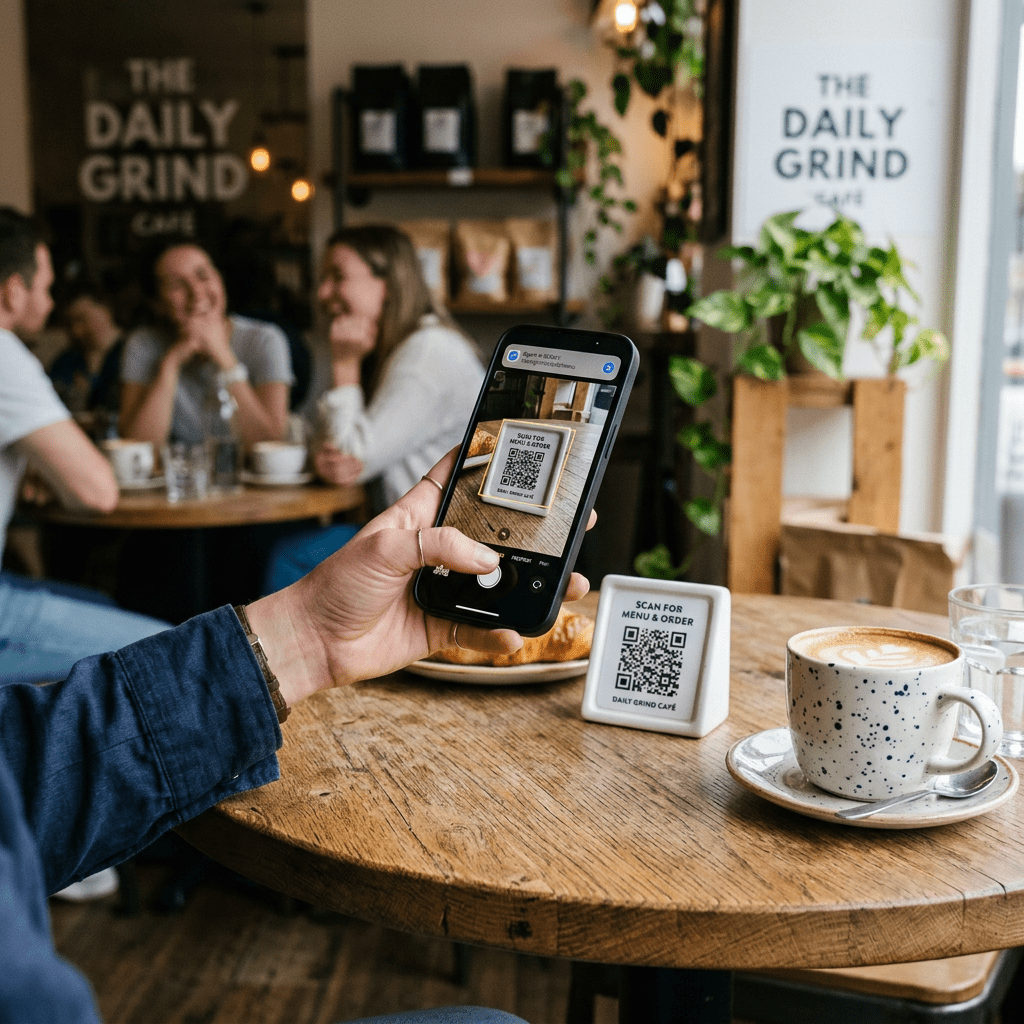 Hand holding smartphone scanning a QR code menu at a coffee shop table with a cup of coffee
