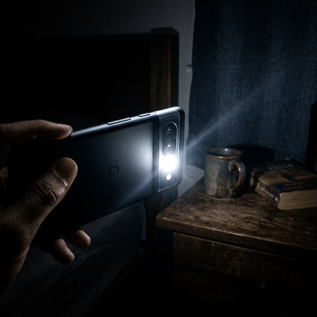 Hand holding smartphone with flashlight on, lighting a mug and book on wooden table in dark room