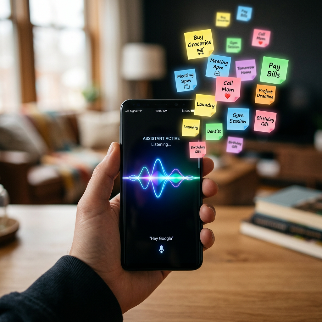 Smartphone screen showing a voice assistant listening with colorful task reminders floating around