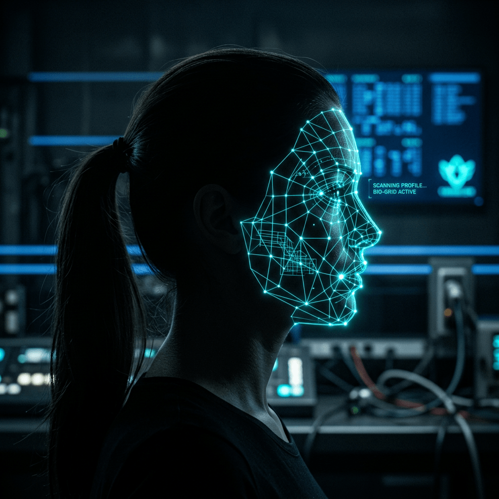 Woman with digital facial recognition grid overlay scanning profile in tech lab