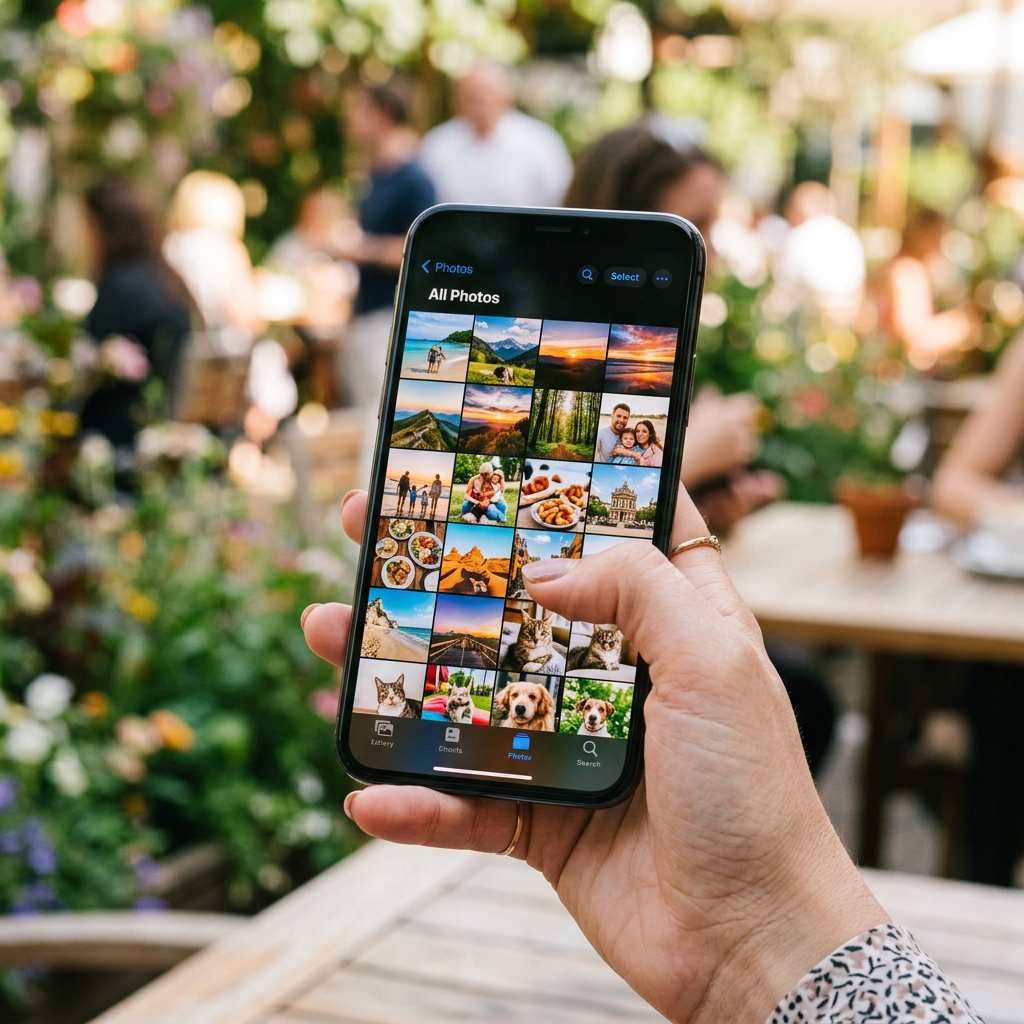 Hand holding smartphone with photo gallery app showing various photos including landscapes, people, food, and pets