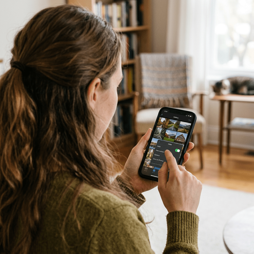 Person using smartphone to apply edits on photos in a gallery app