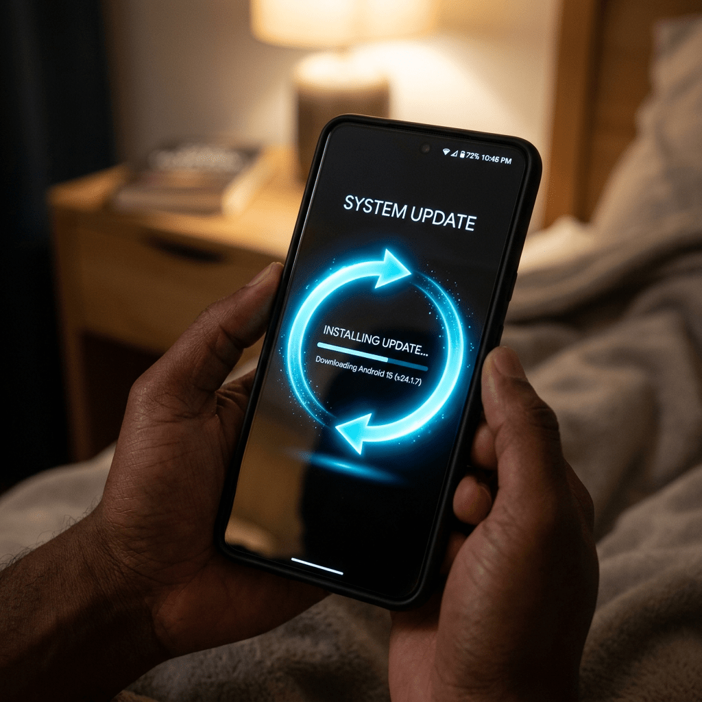 Smartphone screen showing system update installing with circular arrows