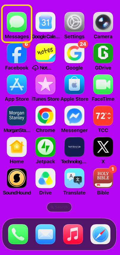 A smartphone home screen displaying various app icons on a purple background, with the Messages app highlighted in yellow.