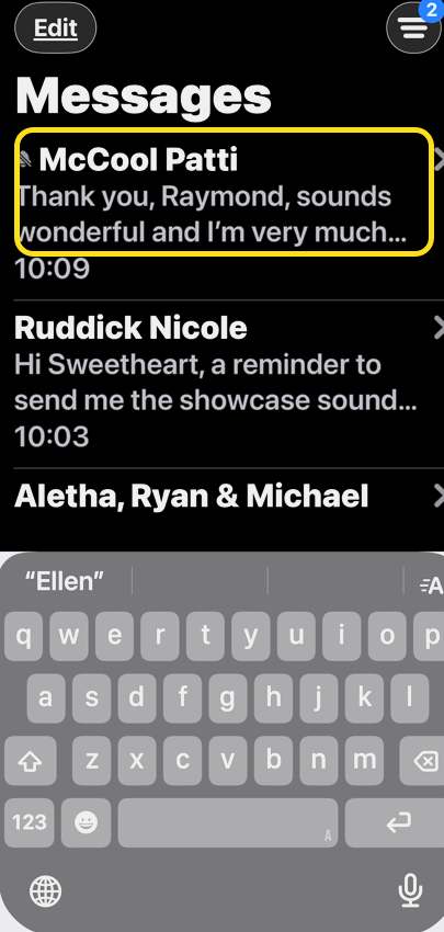 Screenshot of a messaging app showing conversations with messages from McCool Patti, Ruddick Nicole, and Aletha, Ryan & Michael. The keyboard is visible at the bottom.