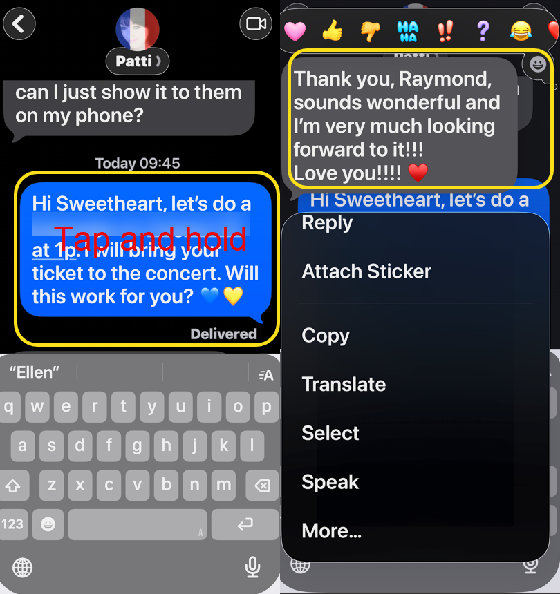 Screenshot of a text conversation discussing concert plans, with messages from 'Patti' and 'Raymond', including options for responding and interacting in a messaging app.