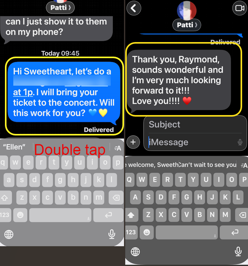 A screenshot of a messaging application conversation between two people, Patti and Raymond. The left side shows Patti asking if she can show something on her phone, while the right side displays a joyful response from Patti about meeting Raymond and looking forward to a concert. The bottom section shows the keyboard interface for typing messages.