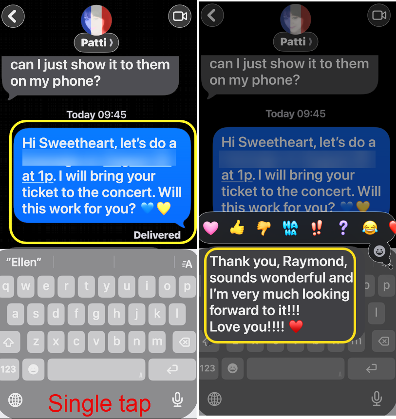 Screenshot of a text conversation discussing plans for a concert, featuring messages between two individuals about meeting times and ticket details.