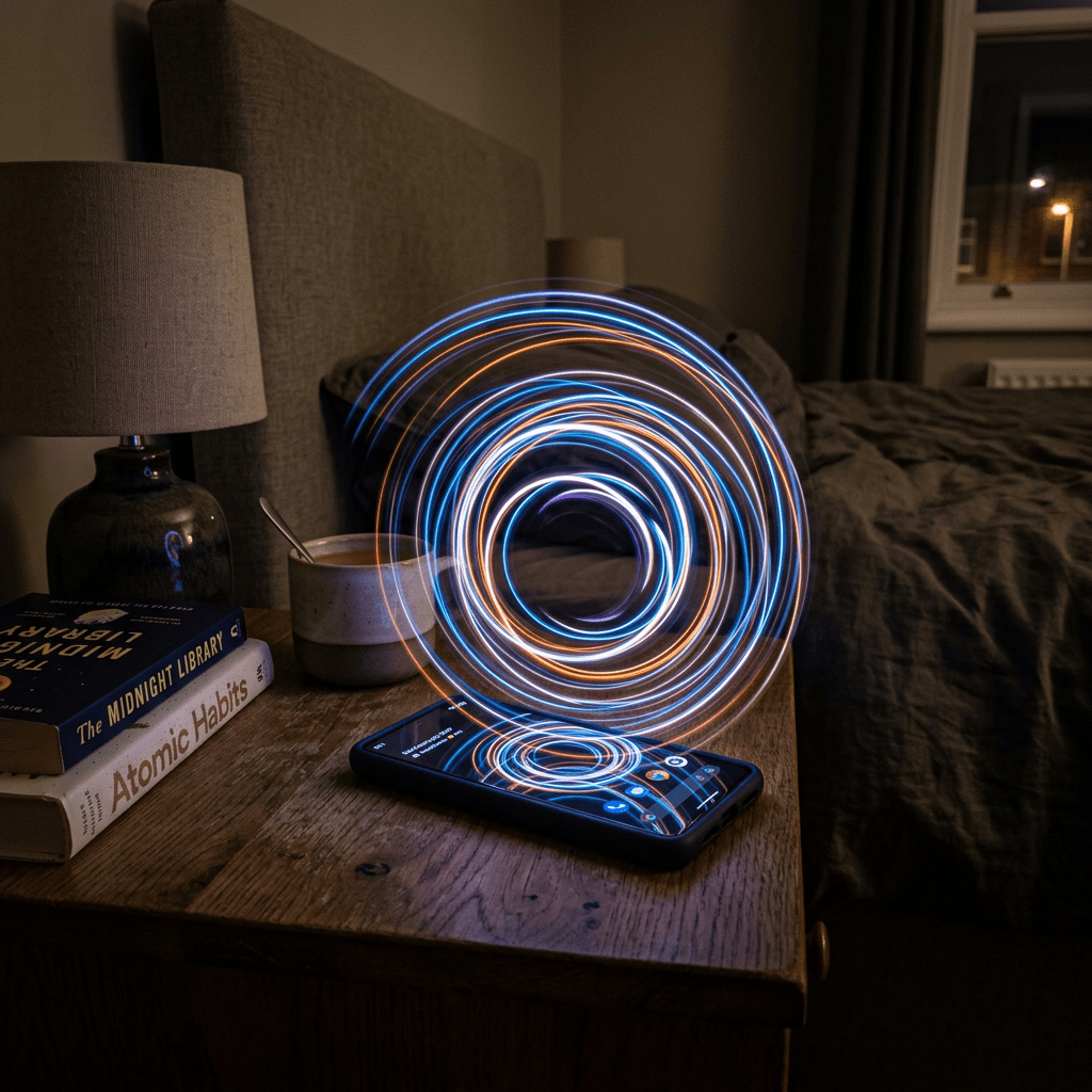 Smartphone displaying colorful circular light trails on a bedroom nightstand