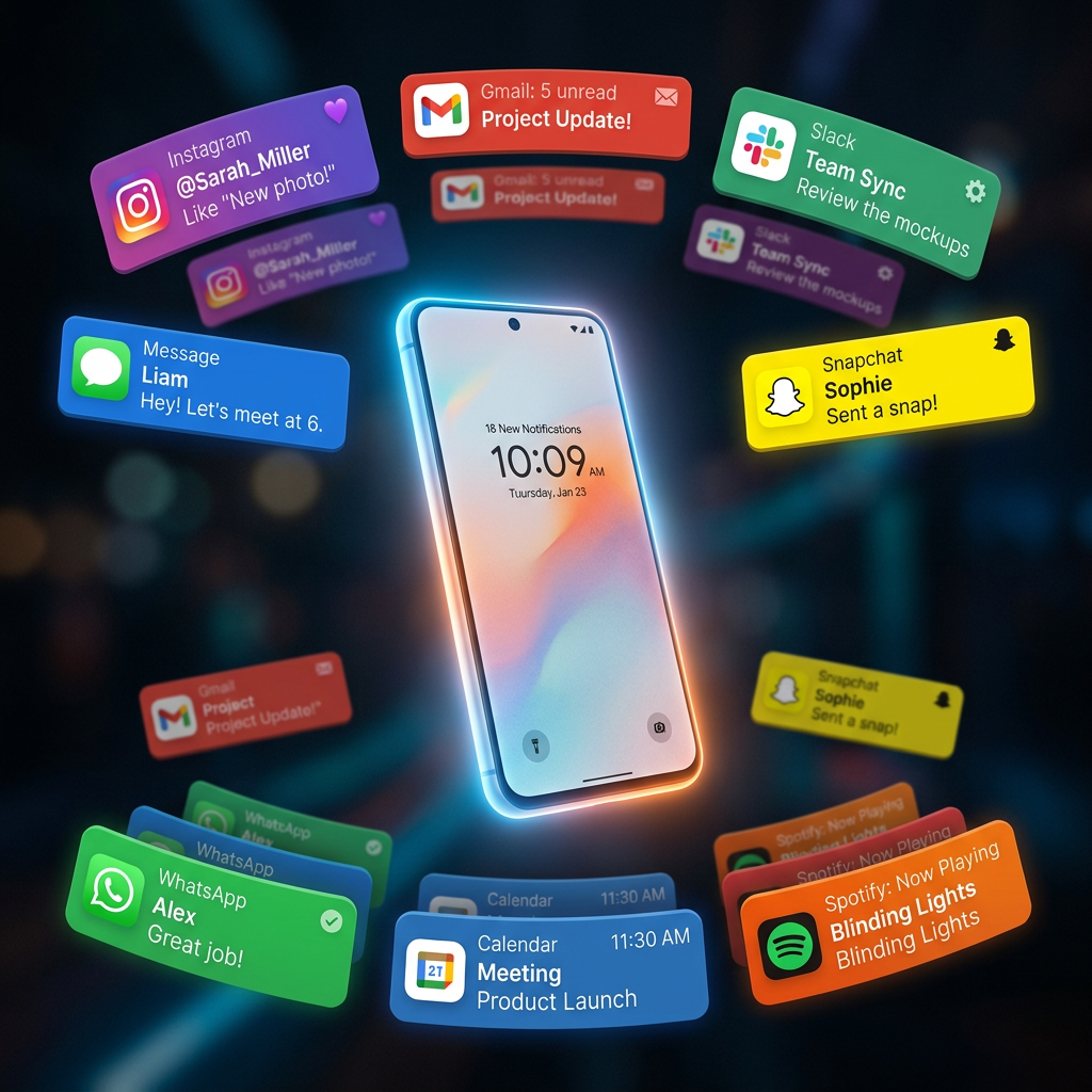 Smartphone displaying 18 notifications surrounded by app alerts