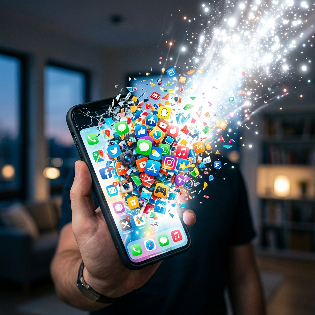Hand holding cracked smartphone with colorful app icons exploding into light