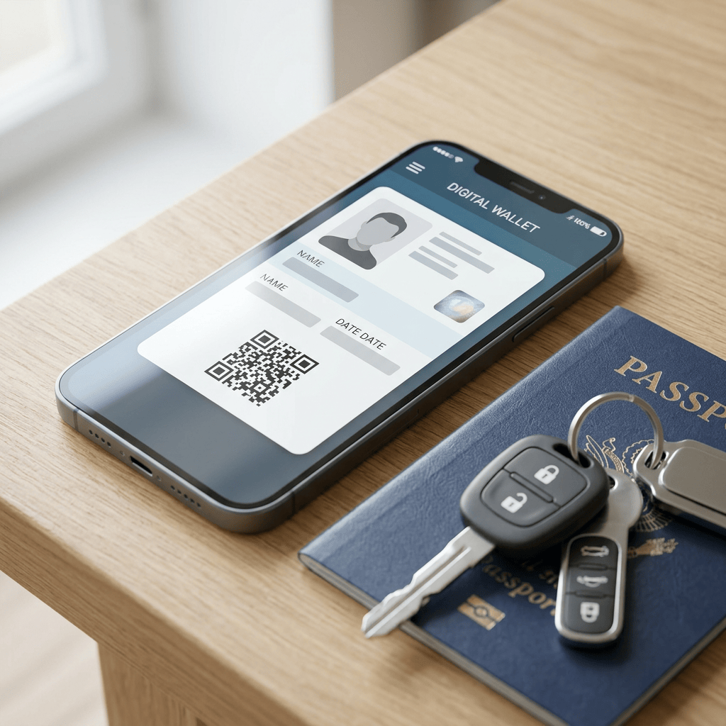 Smartphone displaying “DIGITAL WALLET,” “NAME,” “DATE DATE,” and a QR code beside passport and car keys.