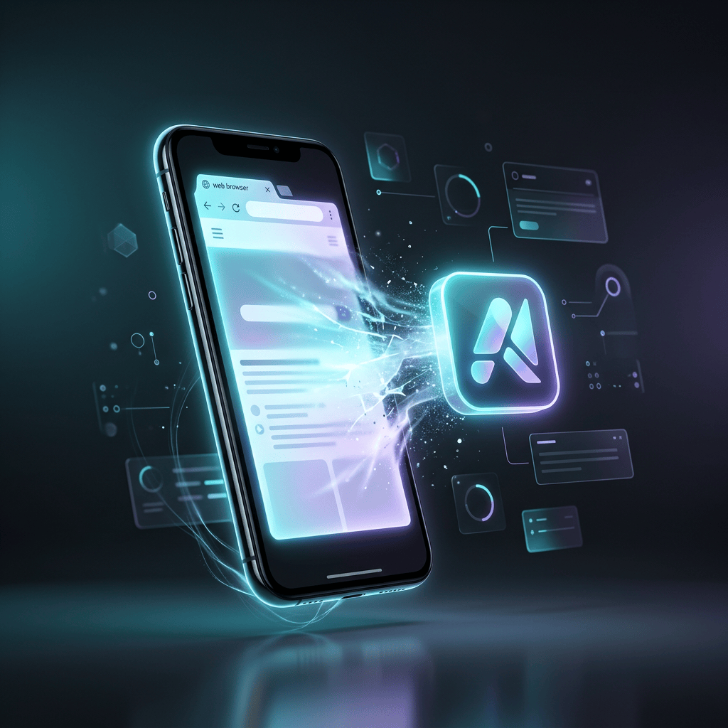 Glowing smartphone displaying a web interface beside a floating app icon