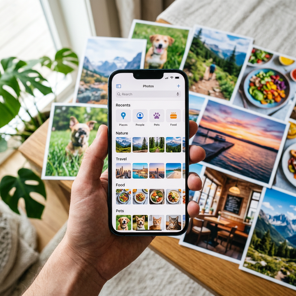 Hand holding smartphone displaying categorized Photos library among printed travel photos