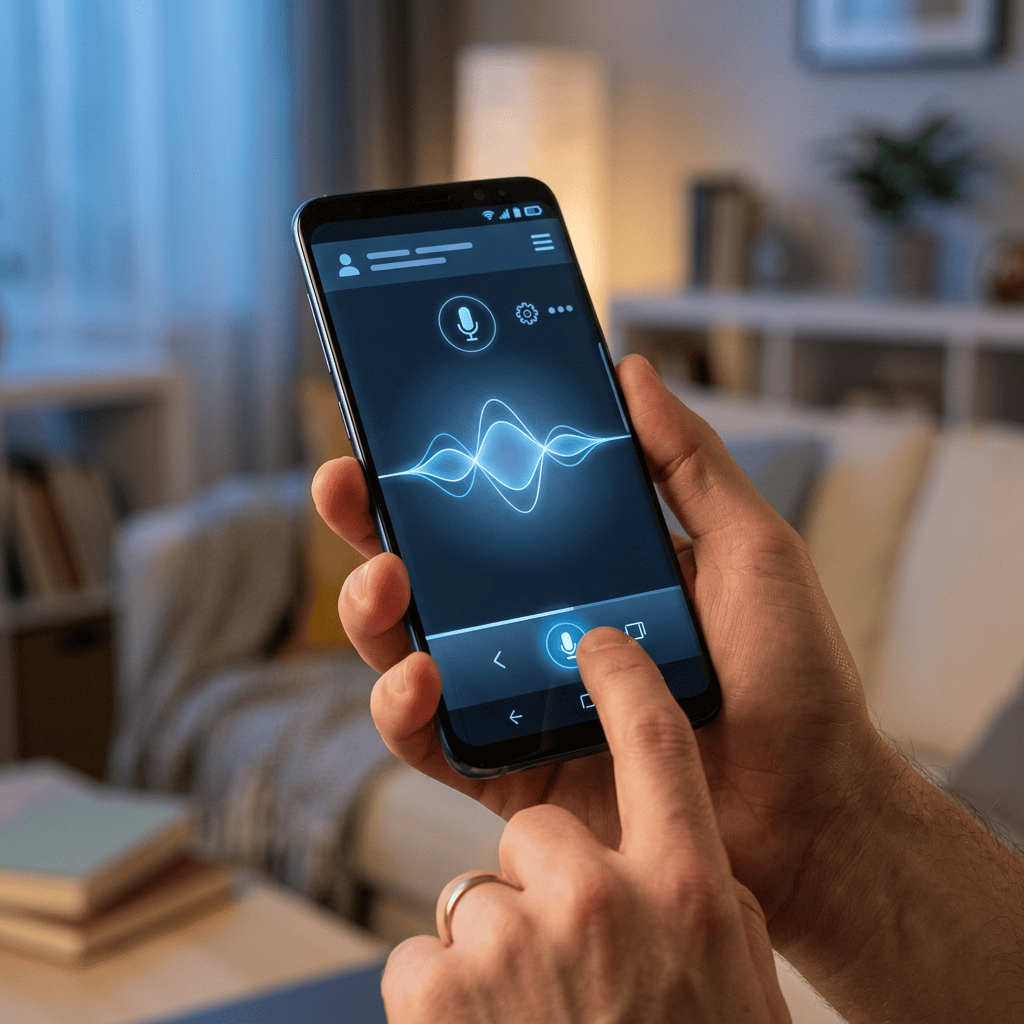 Hand tapping a smartphone voice assistant with an audio waveform